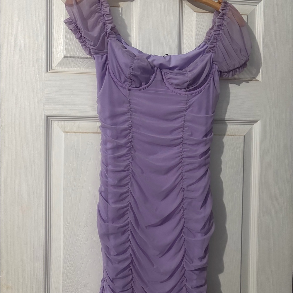 Fashion Nova Lavender Ruched Puff-Sleeve Mini Dress